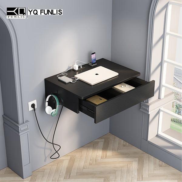 Wall Mounted Laptop Desk with Power Outlets and 2 USB Ports, Floating Computer Desk with Drawer, Wall Laptop PC Writing Table Desk with Headphone Hook, White
