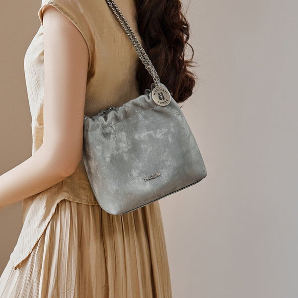Bolso bandolera de otoño e invierno para mujer, con cadena, de piel, tipo cubo