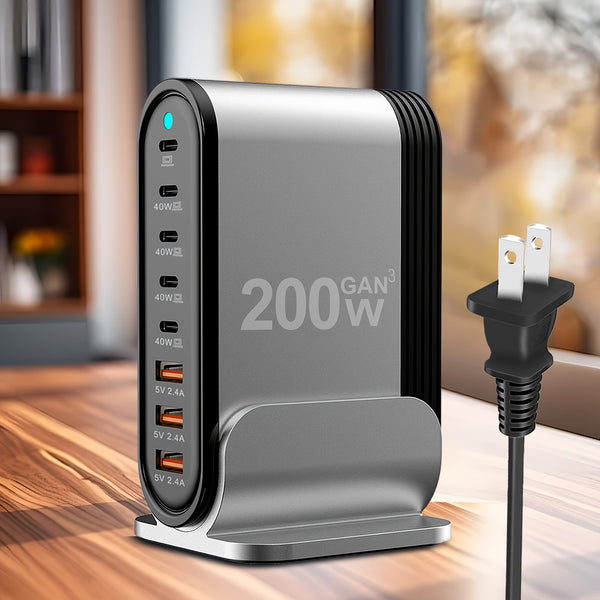 200W USB-C Fast Charger Pro - 8-Port PD Laptop Power Adapter with 5Ft AC Extension Cord - Compact Foldable Design for MacBook Pro/Air, iPad Pro, iPhone 14/13/12, Galaxy Note20 S22, Pixel and More