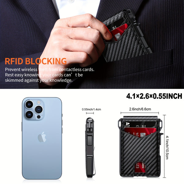 RFID Blocking Dual-Fold Tactical Wallet for Men - Slim Minimalist Aluminum Alloy Card Case with PU Leather, Pop-Up Card Holder, and External Card Pocket - Business Style