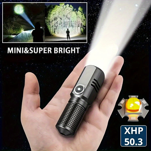 Compact Rechargeable Mini Flashlight - Ultra-Bright XPH HP 50.3 LED, Zoomable & Adjustable Brightness, Long-Lasting 1300mAh Battery, USB Charging, 3 Modes, Ideal for Camping, Outdoors & Emergency Use, Flashlight Rechargeable