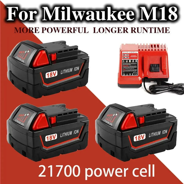 For Milwaukee M18 Power Tool Battery, Charger, BR, XC, 18V, 5000mAh-18000mAh M18B5, 48-11-1860, Built-in 21700 Battery