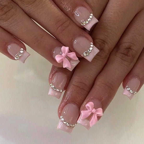 24pcs French Almond nail 3D bow, flash drill, simple press nails, fake nails, Women girls y2k, y2k nails, acrylic nails