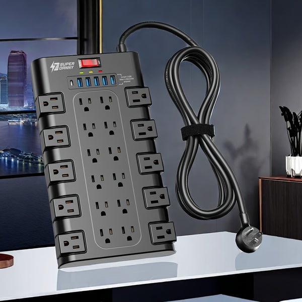15A 1875W 6.5/8/10/15 Ft Extension Cord with SUPERDANNY Power Strip Surge Protector, 6 USB Charging Ports, 22 AC Outlets, 2100 Joules, Flat Plug Power Outlet for Home, Office, Dorm, Gaming Room, Black