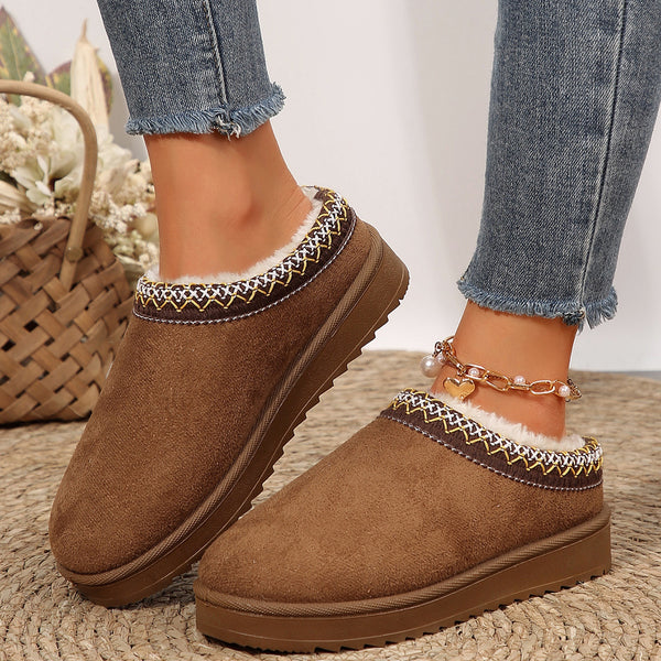 Women'S Winter Slippers - Casual Solid Color Slip-On Snow Boots, Corduroy Upper & Lining, Rubber Sole, Flannel Insole, with Hand Washable, for Outdoor Warm Fur Lined Flat Booties