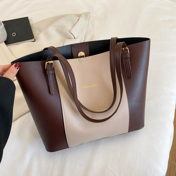 2023 Fall/Winter Women's Retro Large-Capacity Tote Bag - Faux Leather, Adjustable Shoulder Strap, Magnetic Closure, Deep Brown/, Commuter Bag, Handheld, Simple Atmosphere