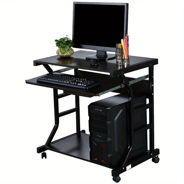 Spacious Four-Wheel Mobile Office Computer Desk - Ergonomic Black Workstation with Ample Space for Multiple Monitors - Easy Assembly and Durability for Home or Office Use