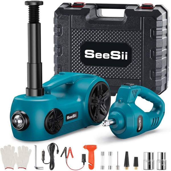 Seesii 5 Ton Portable Car Lift Kit for SUV Truck - Includes Electric Hydraulic Jack, Impact Wrench, and Tire Inflator Pump, High-Carbon Steel, Change Tires, 3in 1 Car Jack