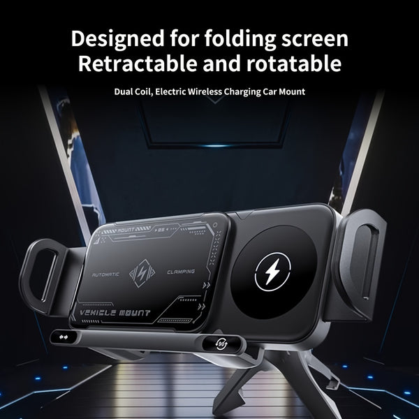 Wireless Fast Charging Car Mount Holder - 15W Dual Coils Auto Clamping Auto Rotation 90° Air Vent Mount with Fast Charging for Folding Screen Phones, Compatible with Galaxy Z Fold 5/4/3/Z Flip5/4/S24 Ultra, iPhone, Google, and All Other Smartphones