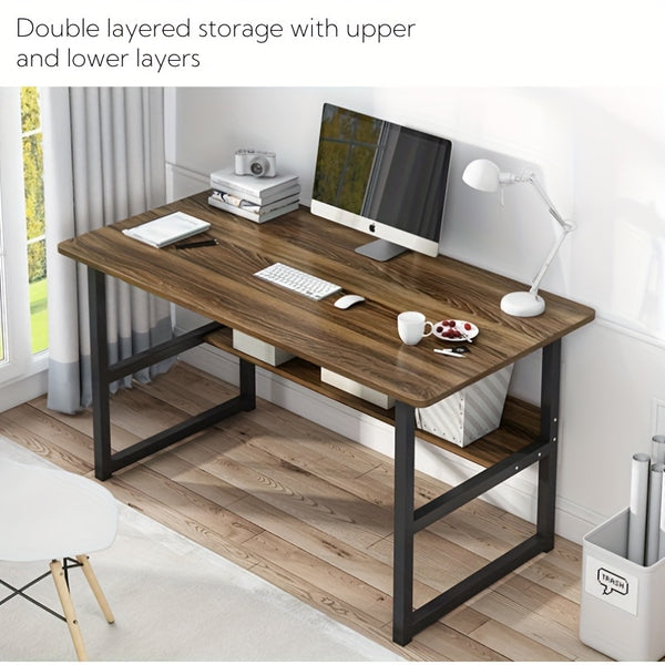 Oak Colored Simple Desk, Double-layer Storage Design, Thickened Panels, Thickened Metal Tubes, Suitable For Various Scenarios Such As Bedrooms, Study Rooms, Living Rooms, Offices, Etc.