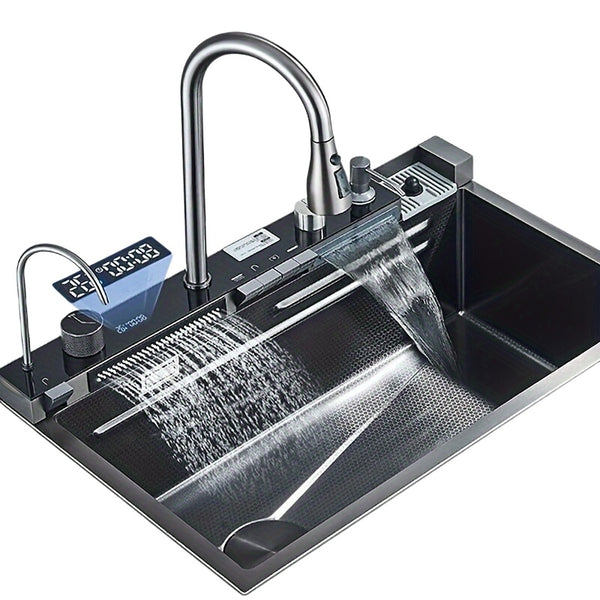 1 Set Digital Display Waterfall Sink Single Bowl Kitchen Sinks, Stainless Steel Bar Sink With Pull Down Sprayhead Faucet, Smart Modern Kitchen Sink With Full Set Of Accessories, Gun Gray&Brushed Gold.