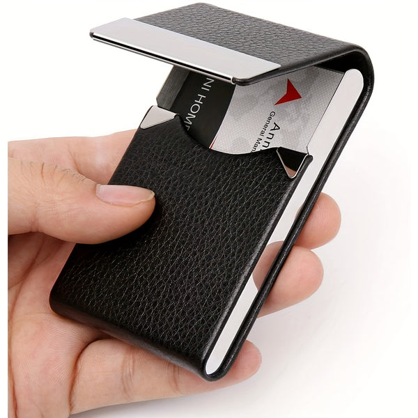 Stylish Stainless Steel & Faux Leather Business Card Holder with Magnetic Closure - Professional Office Accessory Business Card Holder For Desk Metal Business Card Holder