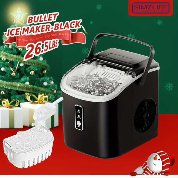 26.5Lbs Quick-Freeze Portable Ice Maker with Basket & Scoop - Auto-Cleaning, Soft Chewable Ice, One-Touch Operation, Ideal for Home/Kitchen/Camping/RV - Festive Black with Snowflake Decor, Perfect Christmas Gift, Ice Maker Machine for Countertop