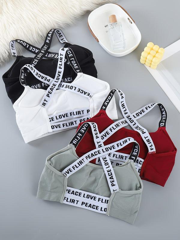 4-Pack Women'S Sports Bras with Alphabet Straps, Round Neck Sleeveless, Comfortable Breathable Athletic Underwear, Shockproof Running Yoga Sports Bras, Wire-Free Gathered Support, Knit Fabric Polyamide 92% Elastane 8%, Medium Support