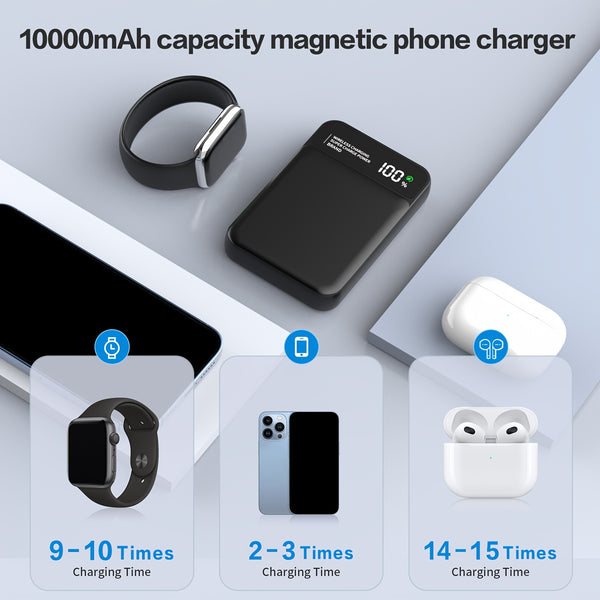 10000mAh Capacity Mobile Power PD22.5W3in 1 Magnetic Wireless Mobile Phone Charger LED Digital Display Design Charger Reserve Power Supply Suitable for Mobile Phones, Watches and Other Models Christmas Gifts (black/white), Best for Christmas