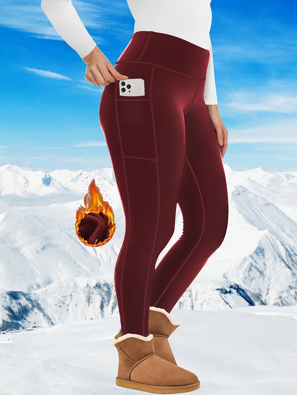 Women's Plus Size High-Waist Fleece-Lined Yoga Leggings with Pockets - Stretchy, Warm Winter Workout & Running Tights