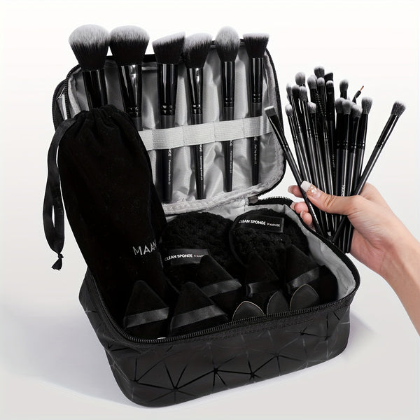 MAANGE 42-Piece Professional Makeup Brush Set with Nylon Bristles - Includes 30 Brushes, Velvet Pouch, 5 Triangle Puffs, 3 Thumb Puffs, 2 Makeup Sponges & Double-Layer Cosmetic Bag - Unscented, Wand Form for All Skin Types, ABS Rod - Essential Beauty
