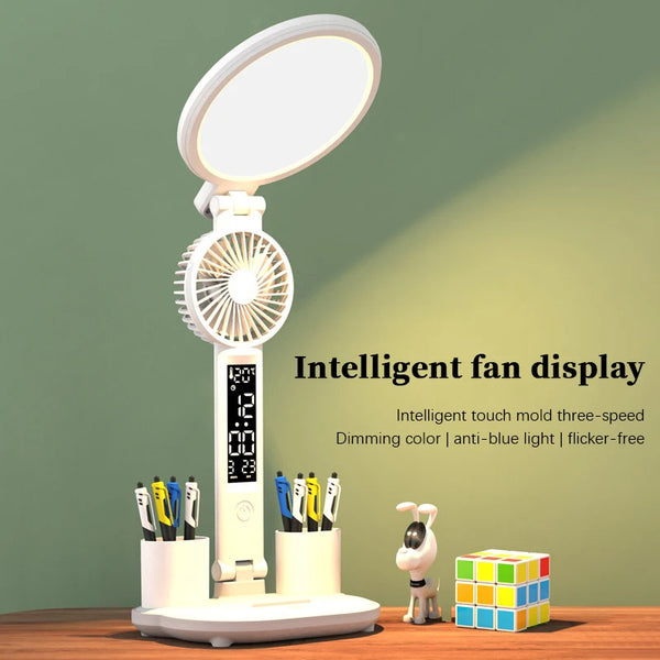 Lámpara de mesa con reloj LED, lámpara de escritorio regulable con carga USB, luz LED enchufable con ventilador, protección para los ojos plegable, luz de lectura nocturna