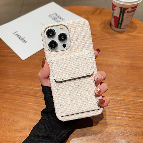 Funda para teléfono de piel tejida con forma de tarjeta