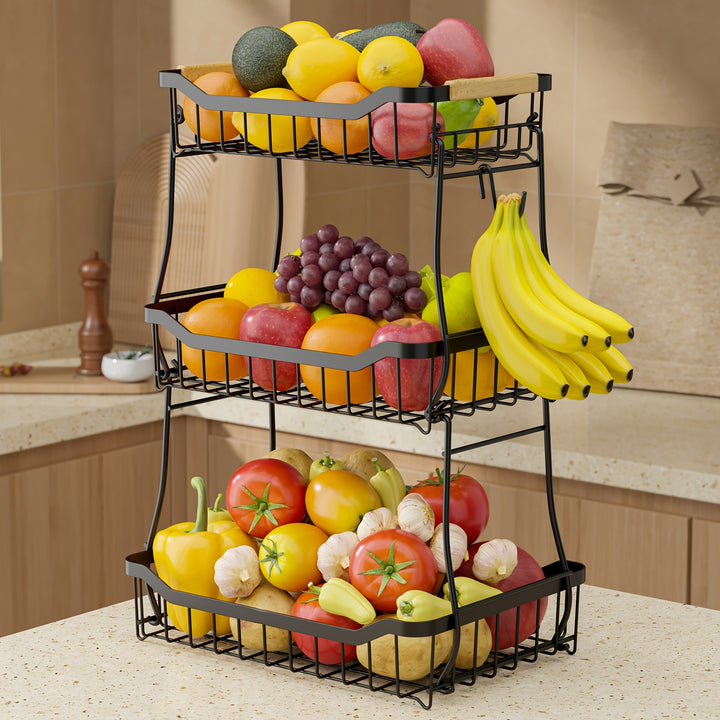 Large Capacity Metal Fruit Basket Removable With Banana Hook Multifunctional Countertop Fruit And Vegetable Basket For Kitchen Countertops With Wooden Handles To Store Bread Fresh Vegetables And Fruits