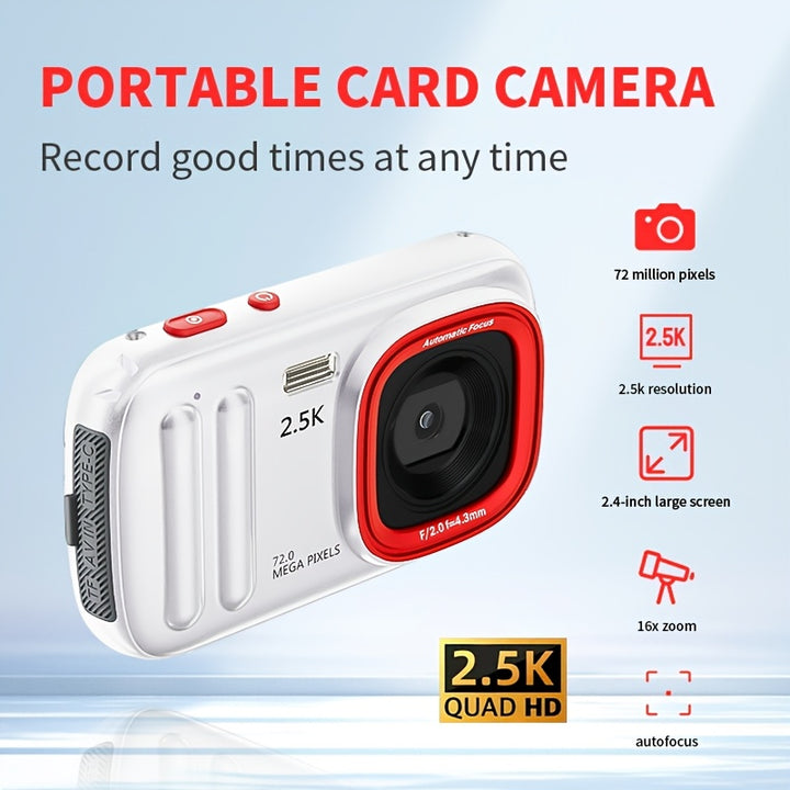 Compact Travel Camera 72MP 16X Digital Zoom Compact 25K HD Digital Camera  Portable Mini Travel Camcorder with MP3 Playback 750mAh Rechargeable Battery and 32GB TF Card Included  White  Red