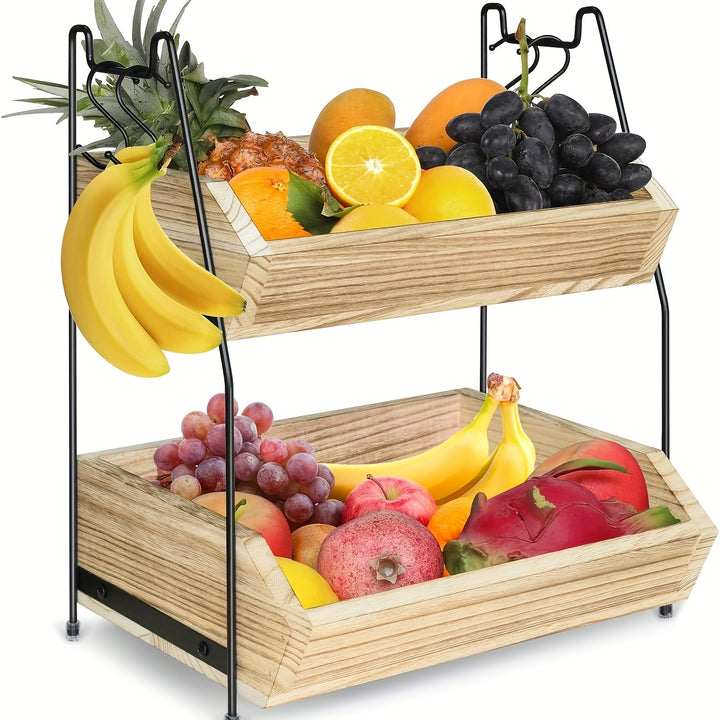 Versatile Countertop Fruit  Vegetable Basket Perfect For Fresh Produce Storage  Kitchen Organization 2Tier Fruit Basket For Kitchen Kitchen Counter Organizer For Bread Vegetable Fruits With Metal Handle Fruit Stand Holder With 4 Hooks