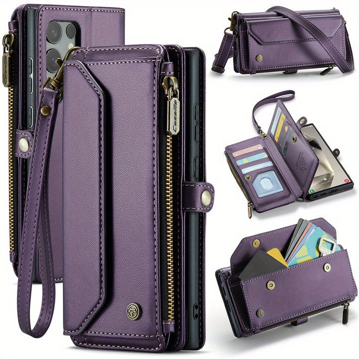Crossbody for Samsung S10 Plus Case Wallet RFID Blocking with 7Card Holder Zipper Bills Slot Soft Faux Leather Magnetic Flip Wristlet Shoulder Strap Wallet Case for Women