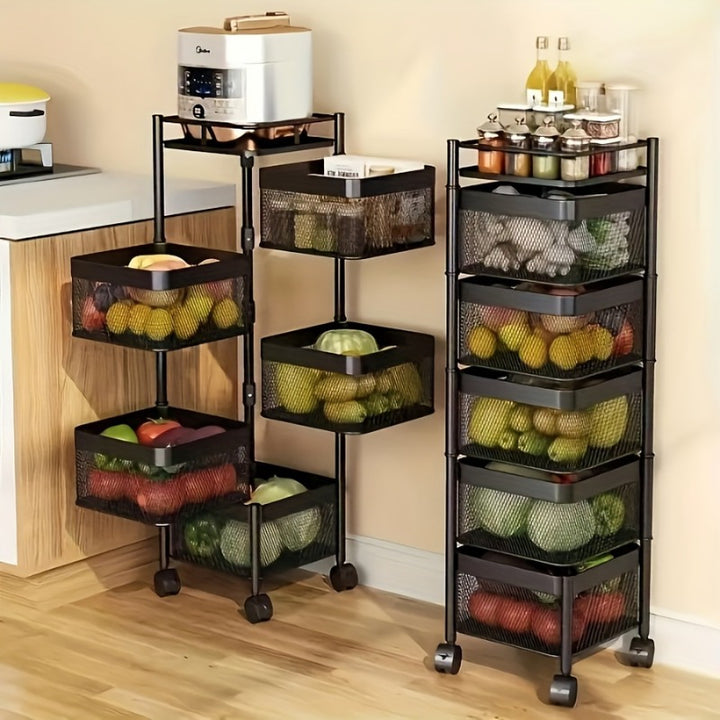 SpaceSaving 5Tier Rotating Storage Rack with Wheels  Adjustable Metal Baskets for Kitchen Bathroom  Office Organization Polished White