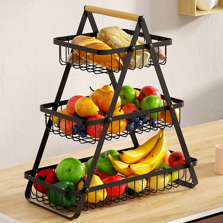 Multi Functional Fruit Basket 3layer Metal Wire Multi Functional Fruit Basket  Detachable Bowl and Wooden Handle  Perfect for Kitchen and Bathroom Storage