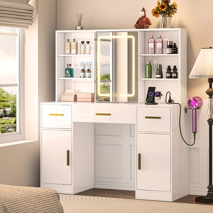 Large Vanity Desk With Sliding Mirror  LED Lights 3 Drawers 2 Cabinets And 7 Open Shelves Makeup Table With Hairdryer Holder WhiteBlack