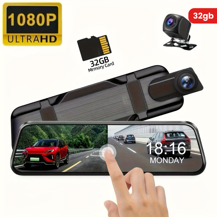 10 Inch HD Rearview Mirror Fash Cam with Front And Rear Cameras Touch Screen GSensor Night Vision Camera And Loop Recording 32GB Memory Card Optional