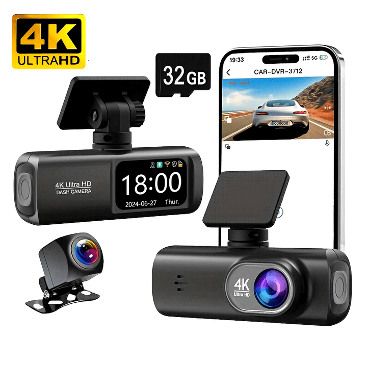 Dash Cam 4K UHD Front And 1080P Rear 2160P WiFi hidden Car Camera Dual Dashcam for Cars Smart App Control WDR Super Night Vision Parking Mode GSensor Loop Recording Free 32GB SD card