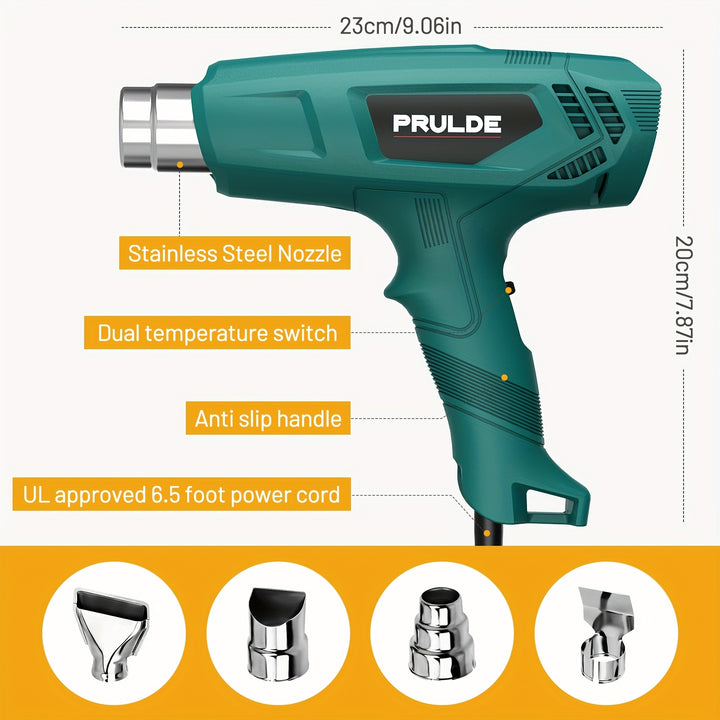 1200W Dual Temperature Setting Heat Gun 752F1112F Fast Heating Adjustable Airflow with 4 Nozzles for Bending Moulding Plastic Drying Defrosting Crafting And Shrinking PVC Stripping Paint