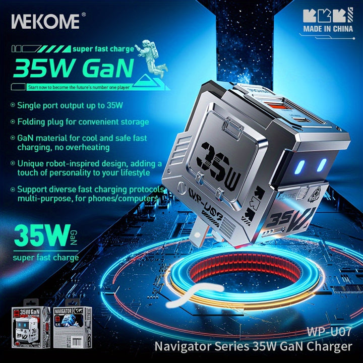 WEKOME WPU07 Gallium Nitride 35W Fast Charging AC Dual Port Fast Output Portable Folding Plug Travel Essential Smart Chip Temperature Control Supports Multiple Charging Protocols Suitable for Most Mobile Phones and Tablets