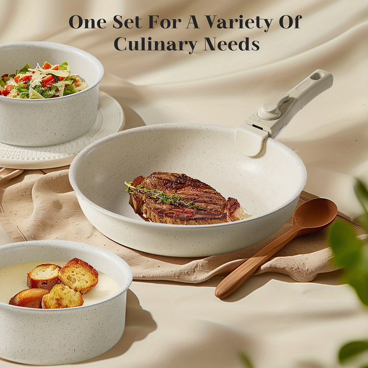 OLIXIS Nonstick Cookware Sets 12pcs Pots and Pans Set with Detachable Handle Beige Kitchenware for Home Cooking Needs