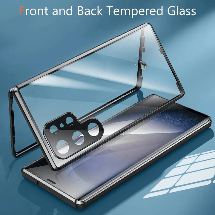 360Degree Front And Back Tempered Glass Cover Magnetic Adsorption Metal Bumper In Black And Golden Phone Case Compatible with Galaxy S25 Ultra S25 Plus S25 S24 S24 Plus S24 Ultra S23 S23 And S23 Ultra