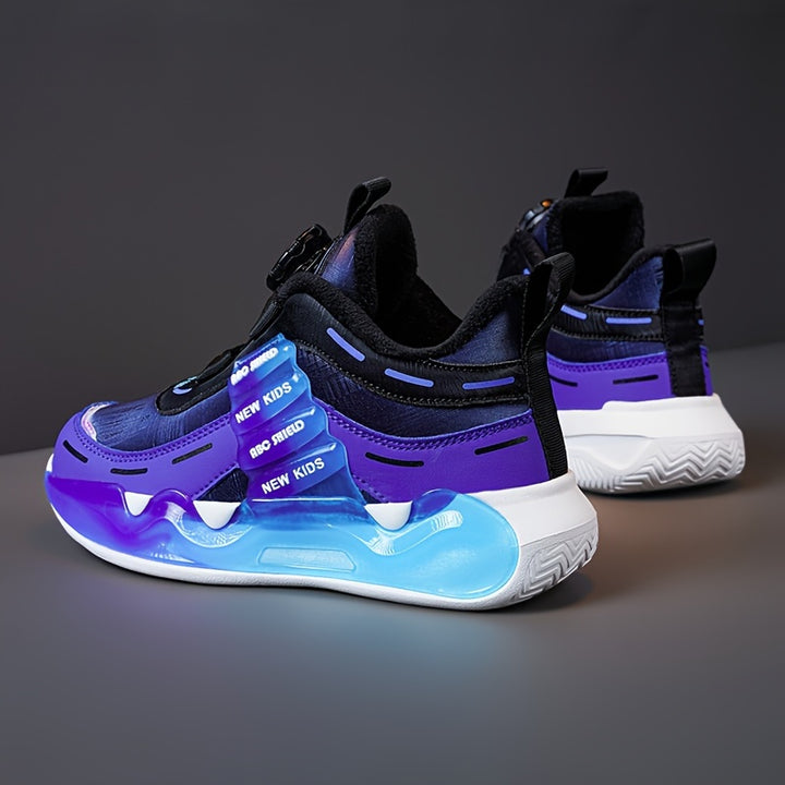 Trendy Basketball Shoes Comfy High Top Boys Basketball Shoes  Trendy Non Slip Shock Absorption Sneakers With Rotating Buckle For Kids Outdoor Activities